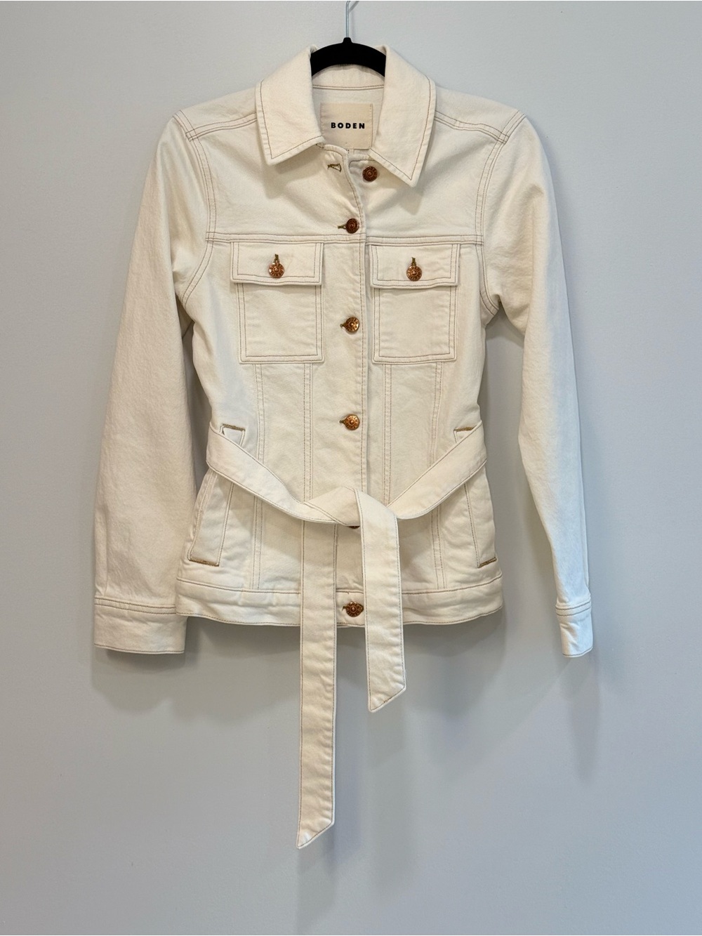 Boden Cream Belted Denim Jacket with Copper Button Front US size 2 EUC